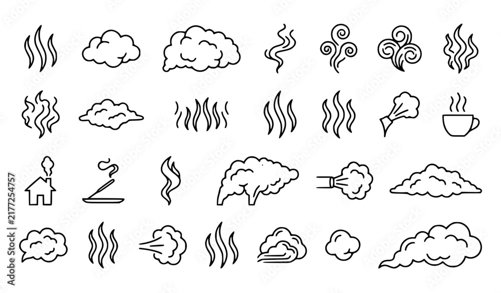 Obraz premium Steam Smoke Vapor Smell Cloud Linear Outline Icon Set Editable Stroke Vector