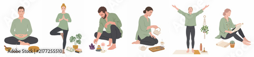 Set of flat illustrations depicting people engaged in various mindfulness activities including yoga, meditation, tea ceremony, and reading for mental wellness.