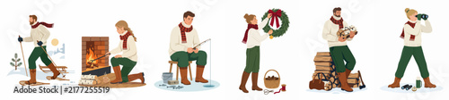 Set of Winter Activity Illustrations Featuring Characters Skiing, Ice Fishing, Decorating for Christmas, and Enjoying Cozy Outdoor and Indoor Moments