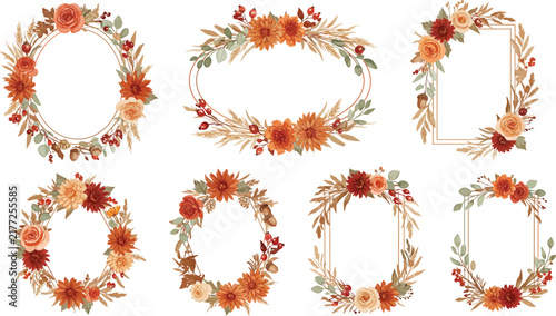 Set of beautiful watercolor autumn floral frames with orange and red flowers and leaves isolated on a white background collection