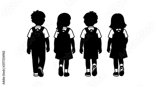 School Children Group Silhouette with Backpacks Vector Set