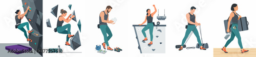Set of vector illustrations showing various indoor climbing and bouldering activities including wall climbing, chalking hands, and preparing gear.