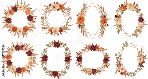 Set of eight elegant watercolor floral oval frames featuring autumn flowers and dried foliage isolated on a clean white background