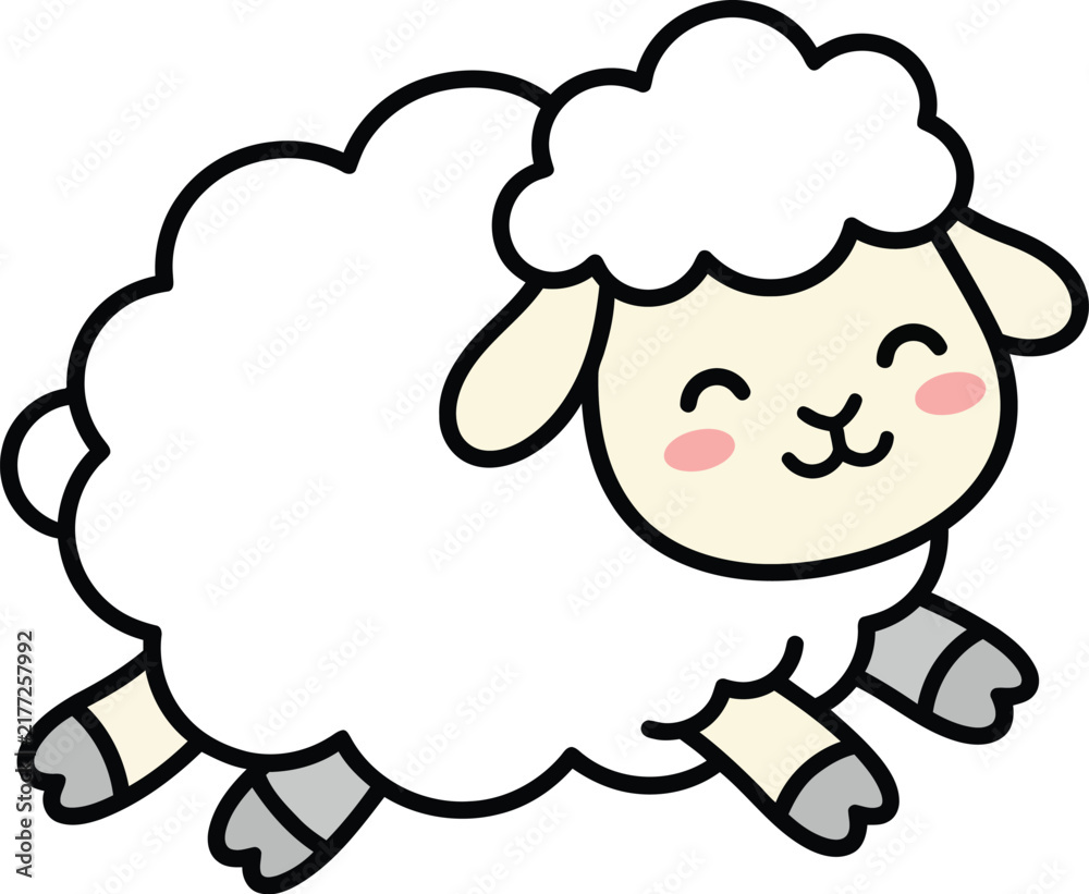 Obraz premium Cute cartoon fluffy sheep jumping happily isolated on a white background