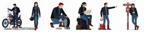 Collection of flat vector illustrations featuring men and women in leather jackets engaged in motorcycle road trip activities on a white background.