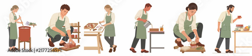 Diverse set of male and female artisans in green aprons performing various craft activities like woodworking, pouring, stirring, and packaging handmade products.