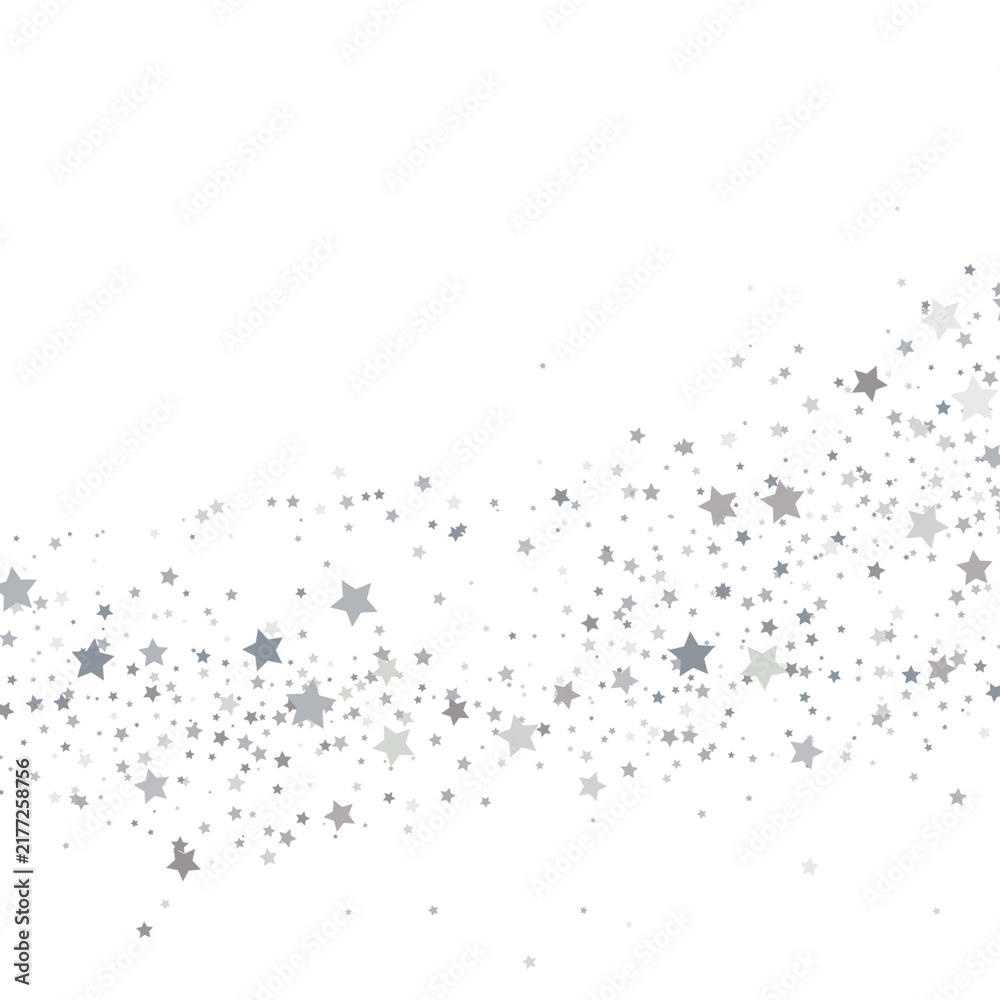 Obraz premium Diagonal trail of scattered silver and grey stars. Magical stardust pattern on white background. Festive confetti decoration with copy space