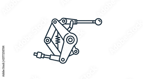 A detailed line art illustration of a complex mechanical linkage system with a spring.
