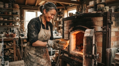 Female potter opening a hot brick kiln in a rustic pottery studio with craftsman