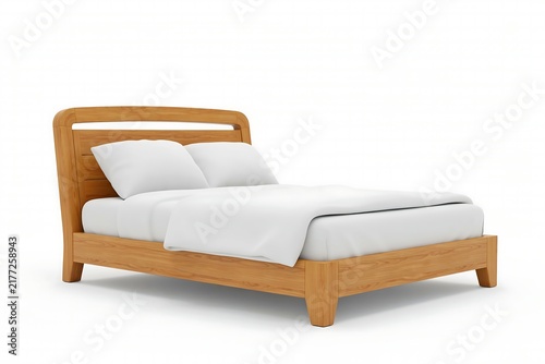 3D Cartoonish Modern Wooden Bed with White Linens Isolated on White Background