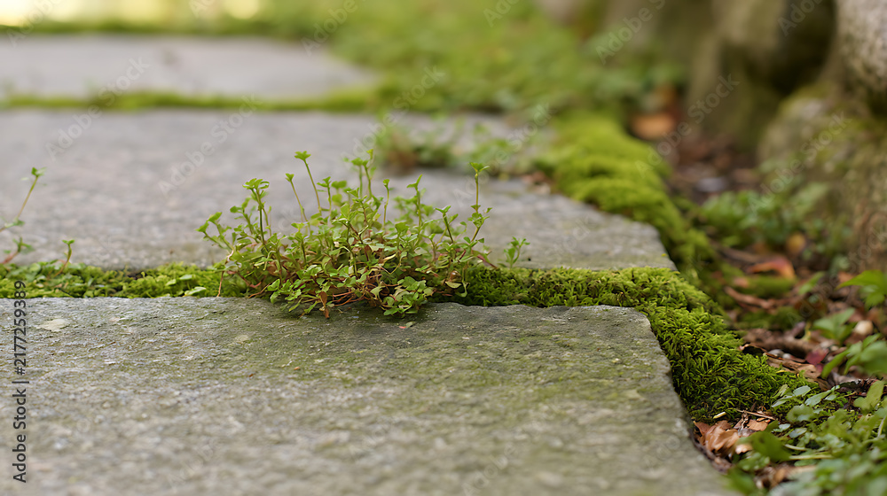 Obraz premium Close up view of green moss and small weed plants, common chickweed Stellaria media, growing between old grey stone flag floor pavement
