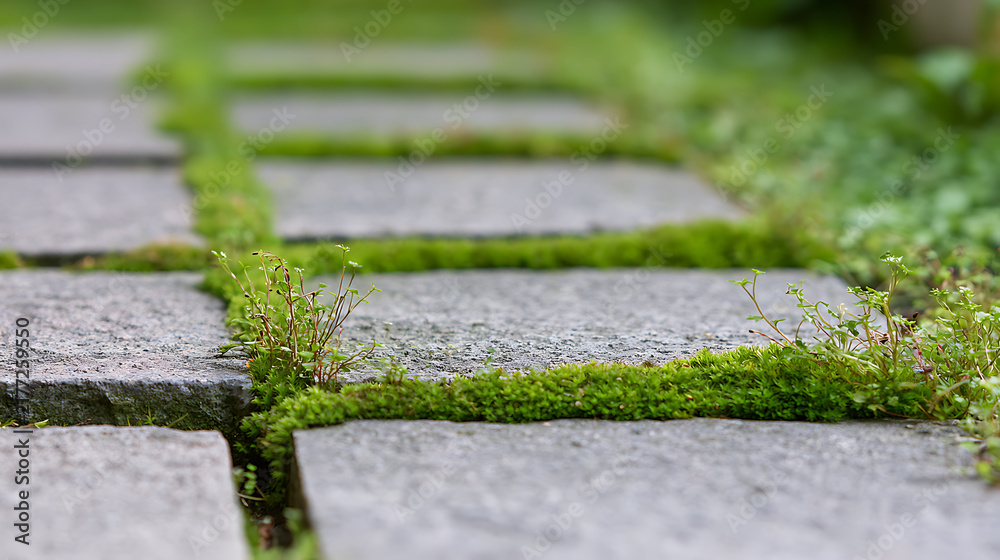 Obraz premium Stone pathway with lush green moss growing between pavers in a peaceful garden setting, perfect for nature and landscape design projects