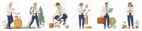 Set of flat vector illustrations depicting active seniors enjoying retirement through financial planning, hiking, gardening, investing, traveling, and lifelong learning.