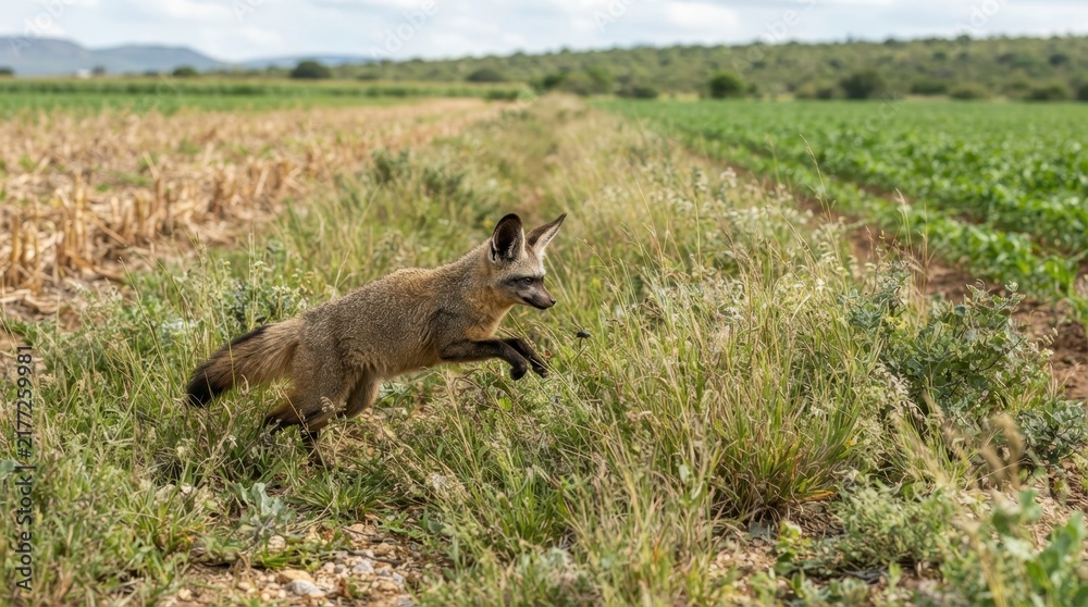 Obraz premium Bat-eared Fox on the Hunt: A unique bat-eared fox with large, distinct ears is captured in motion as it runs through a dry, grassy field bordered by cultivated land.