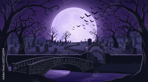 Spooky halloween graveyard scene with full moon and bridge