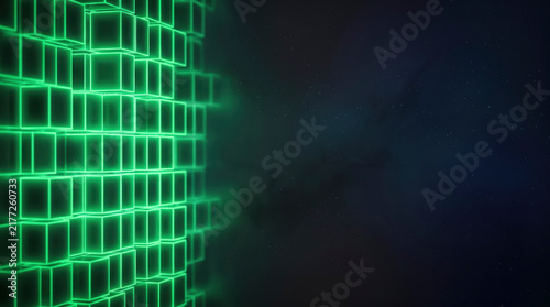 Abstract grid of glowing green cubes in dark futuristic space
