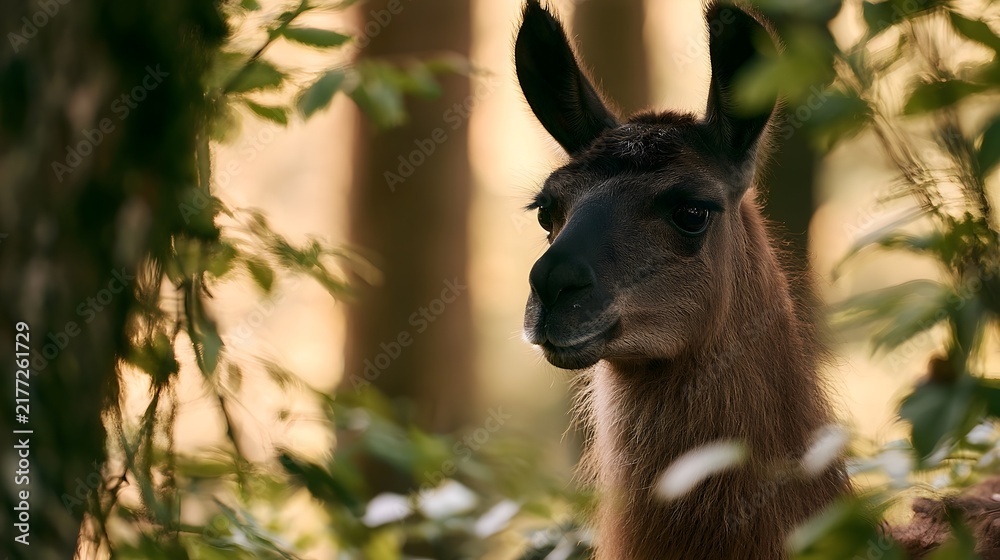 Fototapeta premium A llama peers through green foliage with soft sunlight filtering through trees in a calm forest setting