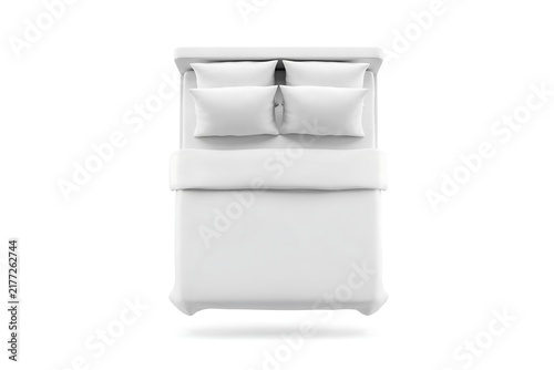 3d Cartoonish Top View of a Neatly Made White Bed with Four Pillows and Clean Folded Duvet Isolated on White Background
