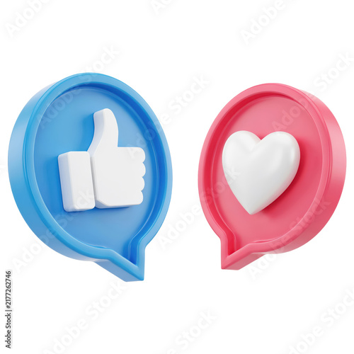 3D rendered blue thumbs up and red heart social media notification icons isolated on a transparent background