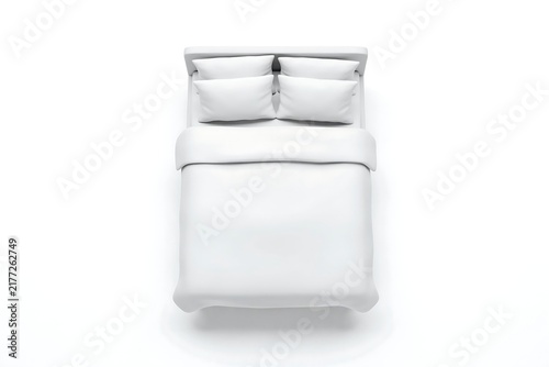 3d Cartoonish Top View of a Neatly Made White Bed with Four Pillows and Clean Folded Duvet Isolated on White Background