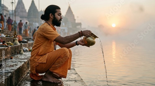 Indian sadhu or spiritual man performing morning ritual by the holy river