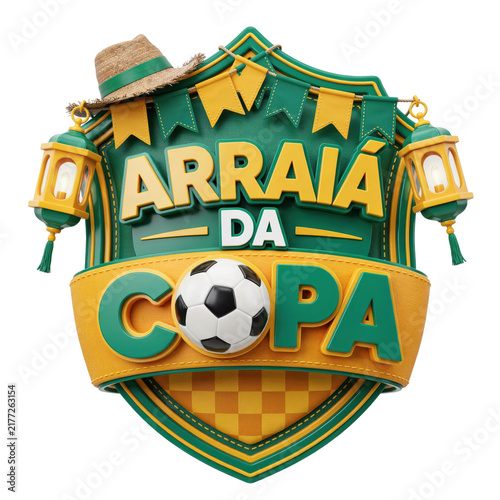 3D shield emblem for arraia da copa with soccer ball, straw hat, lanterns, and festive bunting flags isolated on a transparent background