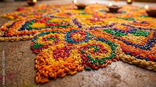 Colorful rangoli made with dyed grains and lit oil lamps for a festival
