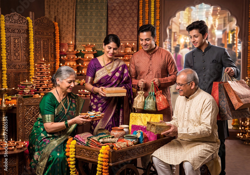 Indian family exchanging Diwali gifts with diyas, marigold garlands and shopping bags in traditional attire