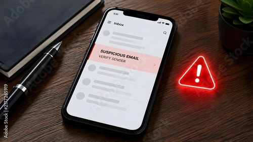 Mobile cybersecurity threat concept with smartphone displaying suspicious email warning and glowing red alert triangle on wooden desk