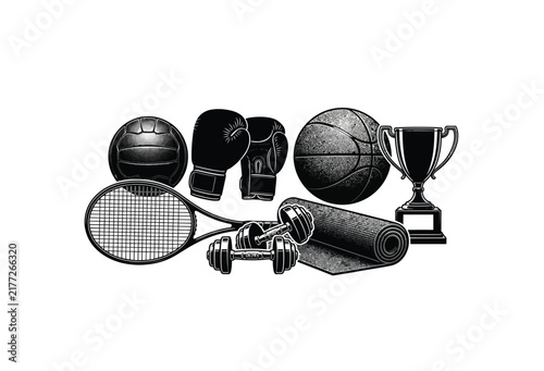 Collection of sports equipment depicted in a monochrome engraving style