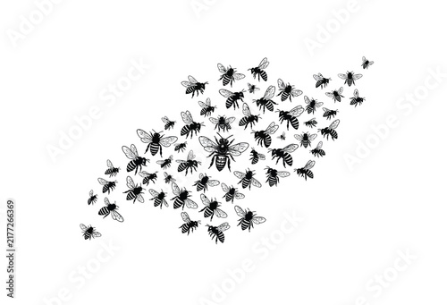 A swarm of bees forms a dynamic silhouette against a white background