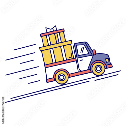 Fast pickup truck delivery loaded with gifts.