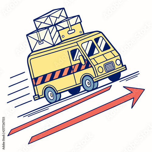 Fast delivery van with packages on roof speed.