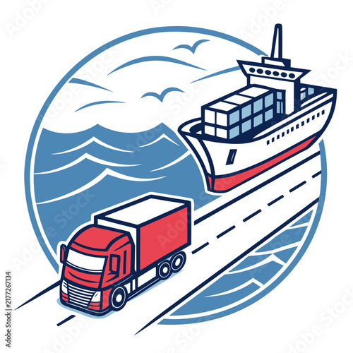 Cargo ship and truck transportation global shipping.