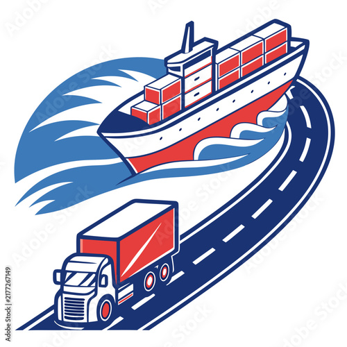 Logistics icon featuring shipping truck and boat.