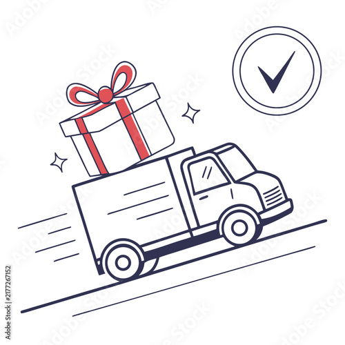 Delivery van with gift box check mark fast delivery.