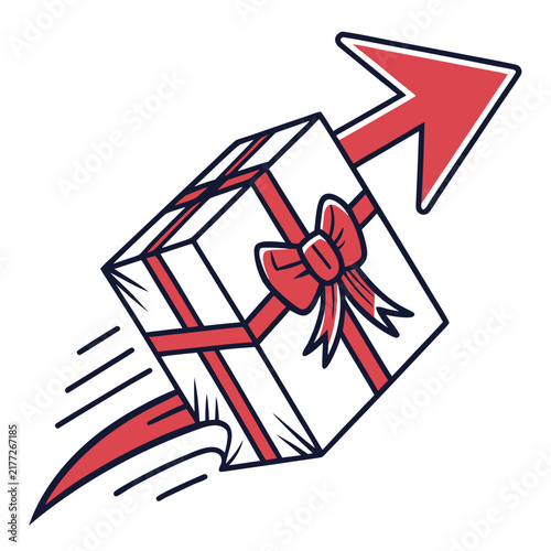 Gift box flying with upward arrow delivery symbol.