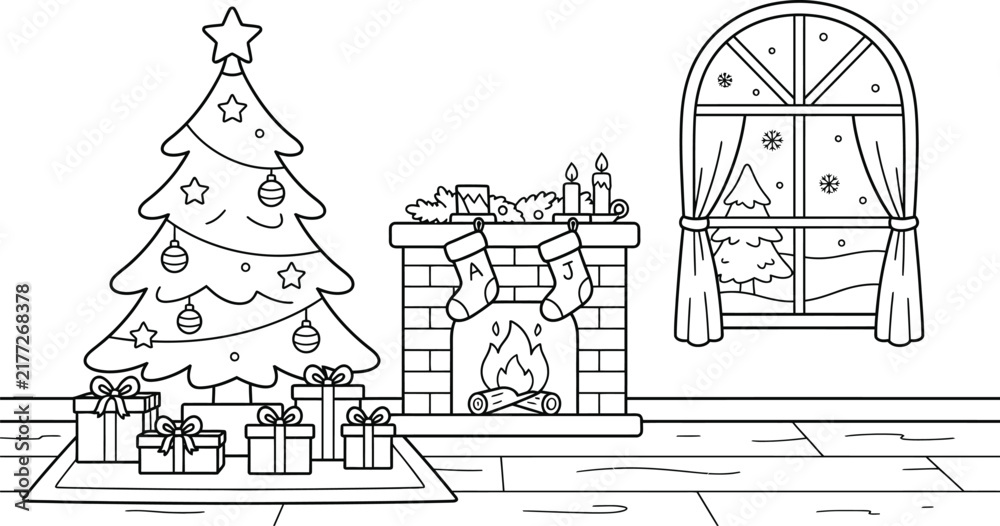 Naklejka premium A delightful winter scene with a christmas tree cozy fireplace and festive gifts perfect for coloring and holiday cheer