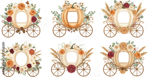 Set of six watercolor pumpkin carriage frames decorated with autumn flowers and foliage isolated on a white background for design