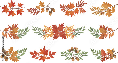 Set of hand drawn watercolor autumn leaves and branches isolated on white background for seasonal design and decorative fall projects