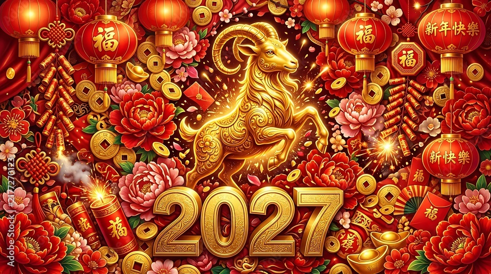 Fototapeta premium 2027 chinese new year golden goat celebration