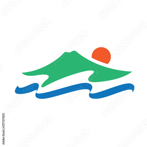 mountain view between the river and the sun logo vector