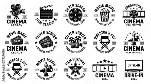 This collection features vintage cinema logos showcasing film reels, directors' chairs, and popcorn, ideal for promoting film culture and events in a creative way.