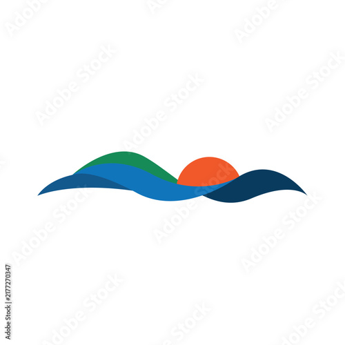 combination of mountains and sun over ocean waves logo vector