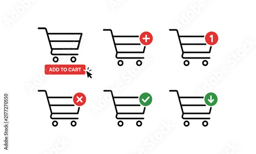 Shopping trolley icons set with add to cart button and status indicators