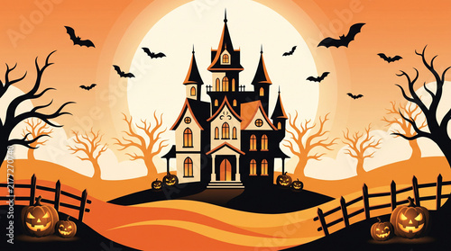 Spooky Haunted Mansion With Glowing Pumpkins Under Large Orange Moon