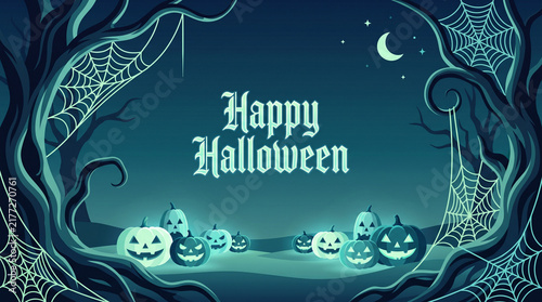 Happy Halloween Text Framed By Spiderwebs And Glowing Blue Pumpkins