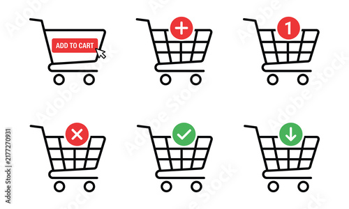 Shopping cart icons with add to cart plus checkmark and download symbols