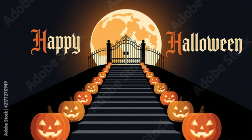 Happy Halloween Stairs With Glowing Pumpkins Leading To Iron Gate