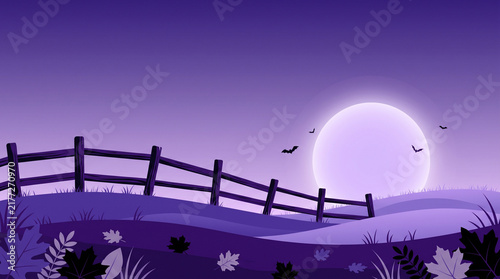 Purple Minimalist Halloween Landscape With Fence Moon And Fall Leaves